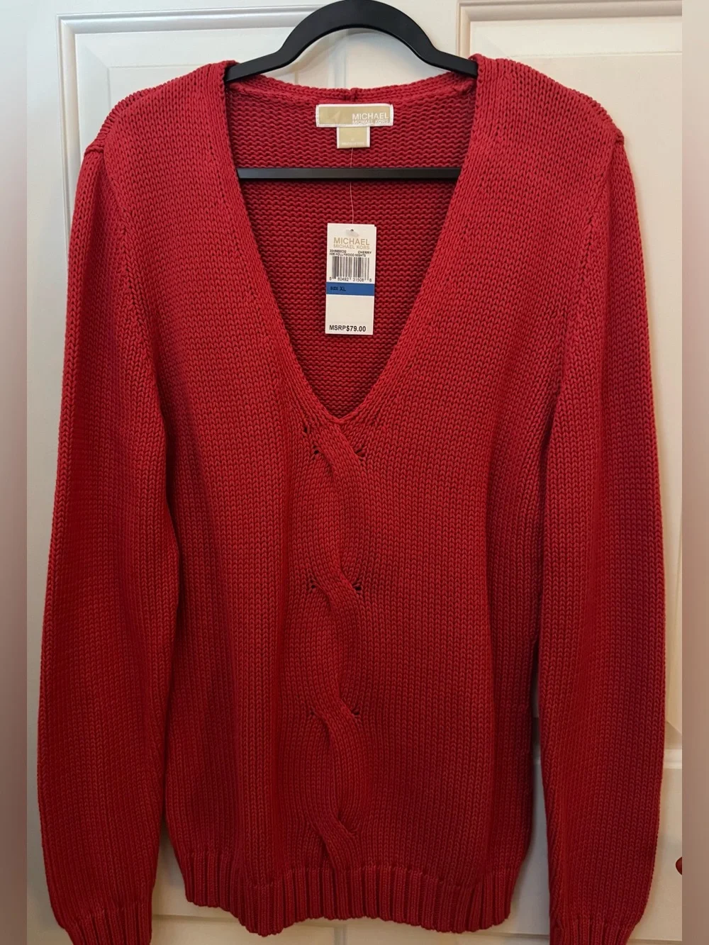 Michael Kors Sweater 100% Cotton Red V-Neck Cable Sweater Size - XL **NWT**
